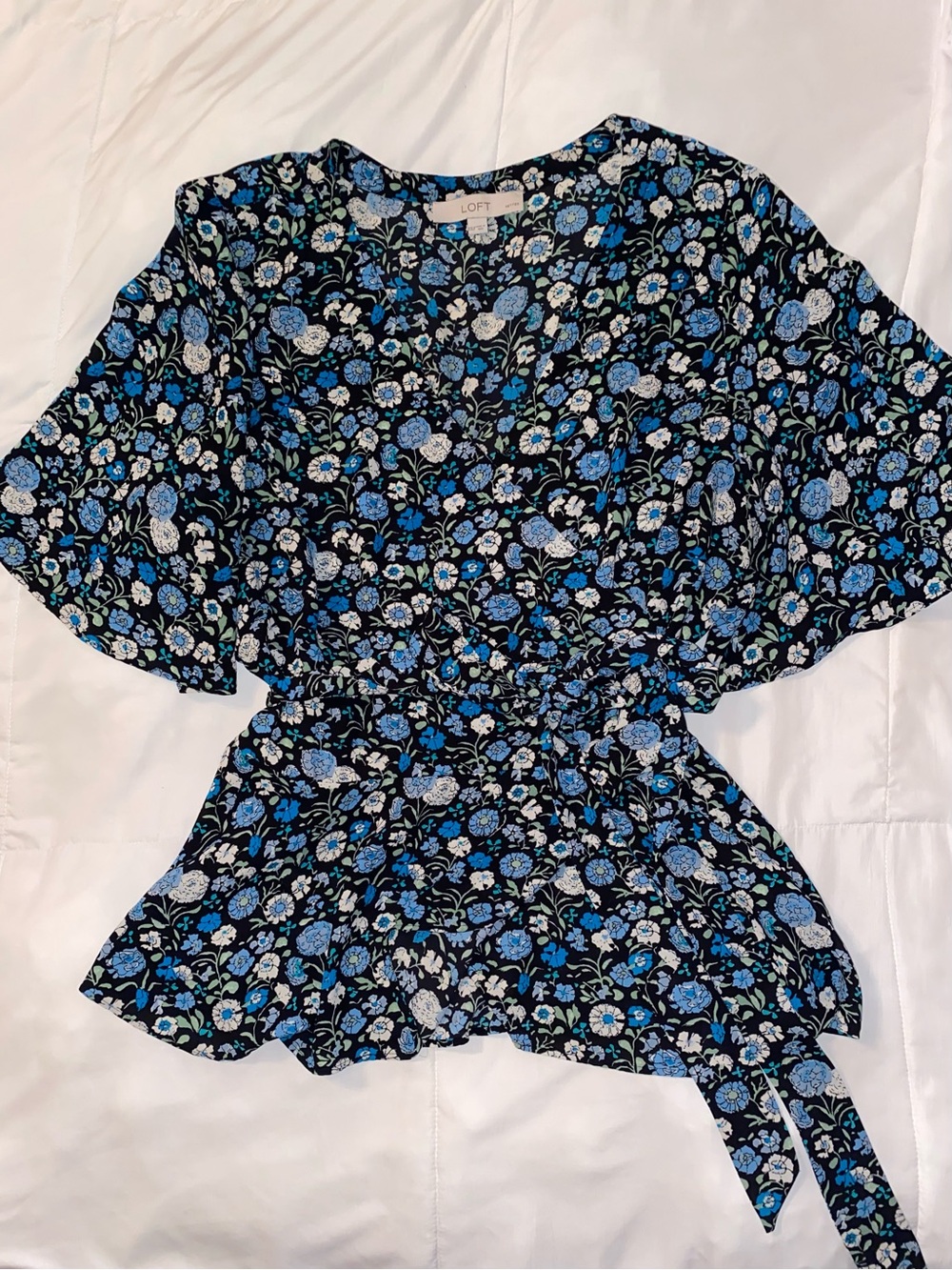 LOFT Petites XXL Blue White Black Floral Wrap Peplum Blouse